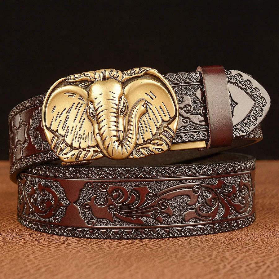 Men’s High Quality Elephant Design Alloy Buckle Leather Belt,Emboss Split Cow Leather Belt,Men Jeans&Casual Pants Accessories ;