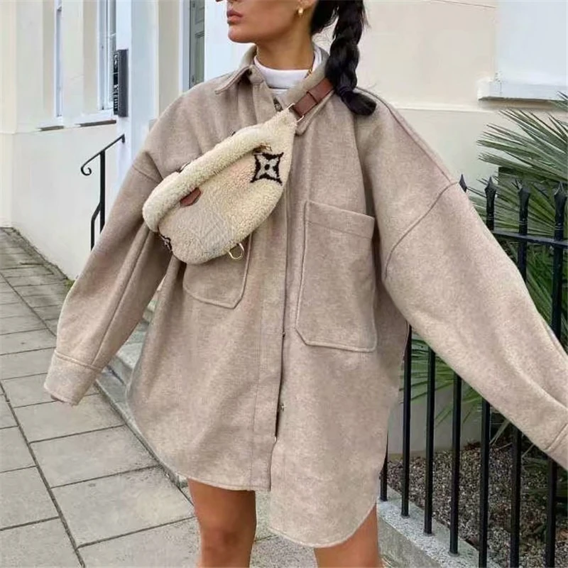 

Осенняя модная женская искусственная элегантная шикарная верхняя одежда с большими карманами для девушек 2023 Женская шерстяная однотонная повседневная куртка оверсайз