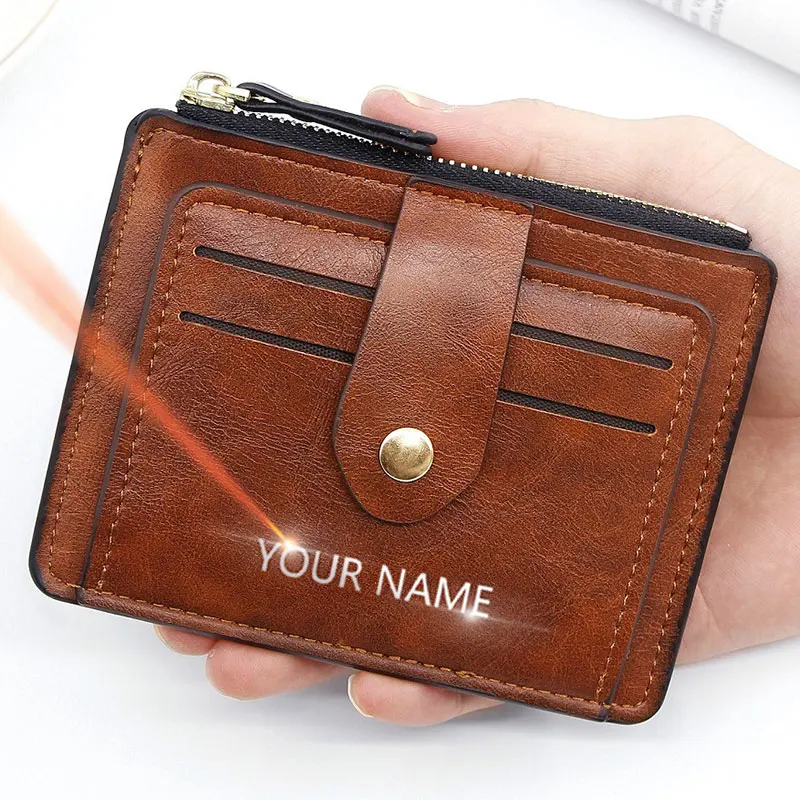 2023 New Mini Men Card Wallets Free Name Engraving Slim Purses Zipper Coin Pocket Luxury Small Men's Wallet Unisex Card Holder