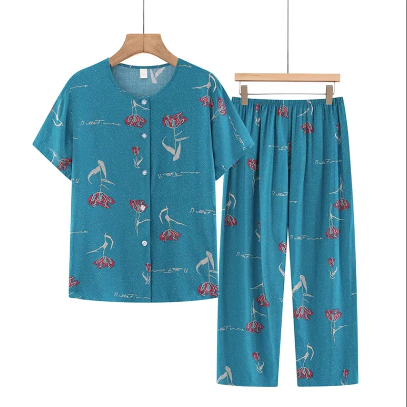 

Women's Casual Two-Piece Pajamas Suit, Short-Sleeved Cardigan Top+Wide-Leg Pants, Loose Printed Home Service Suits, Summer, New