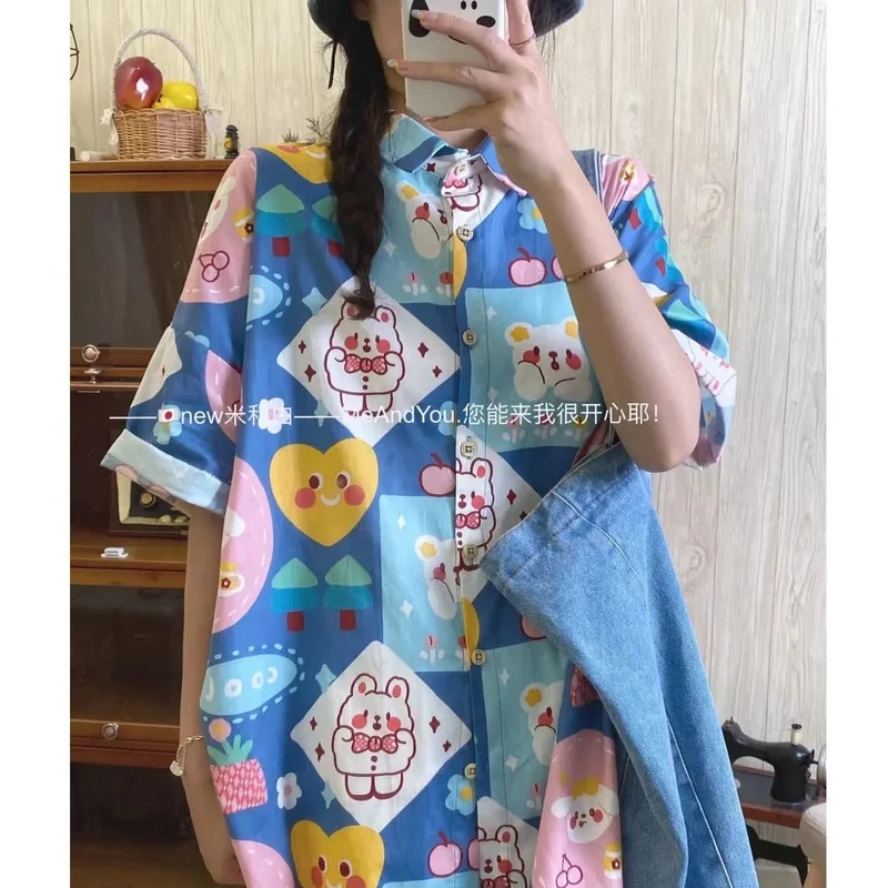 Рубашка HOUZHOU Kawaii с аниме летняя в японском стиле Харадзюку милая блузка оверсайз