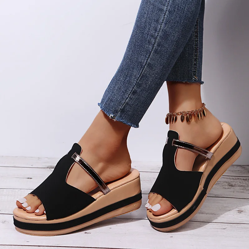 2023 Oversized Women's Shoes, Summer Casual Sandals, Women's Slippers, Sloping Heels, Thick Soles, One Line Slippers