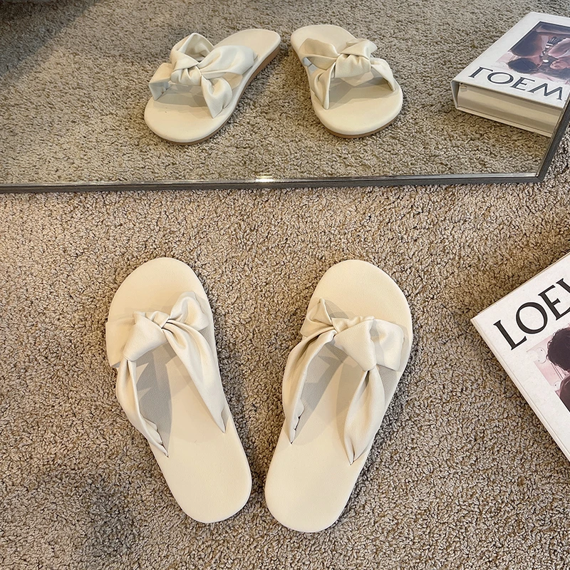 2022 summer slippers women's bow luxury flat bottom outer wear designer sandals soft bottom basic indoor simple PU women's shoes