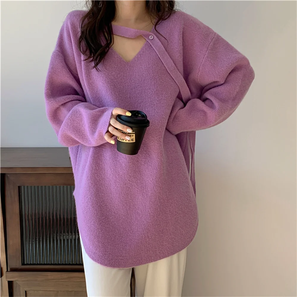 

Женский трикотажный свитер с V-образным вырезом, свободного покроя