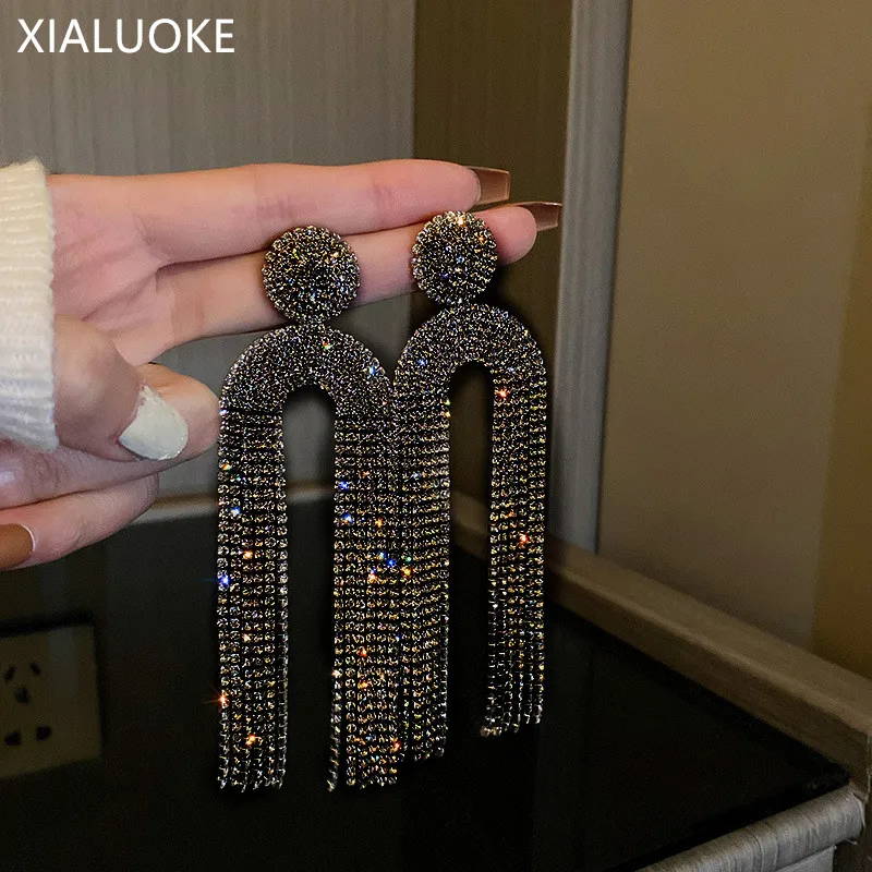 

XIALUOKE Tassel Geometric Crystal Dangle Earrings For Women Vintage Hyperbole Full Rhinestone Drop Earrings Fashion Jewelry