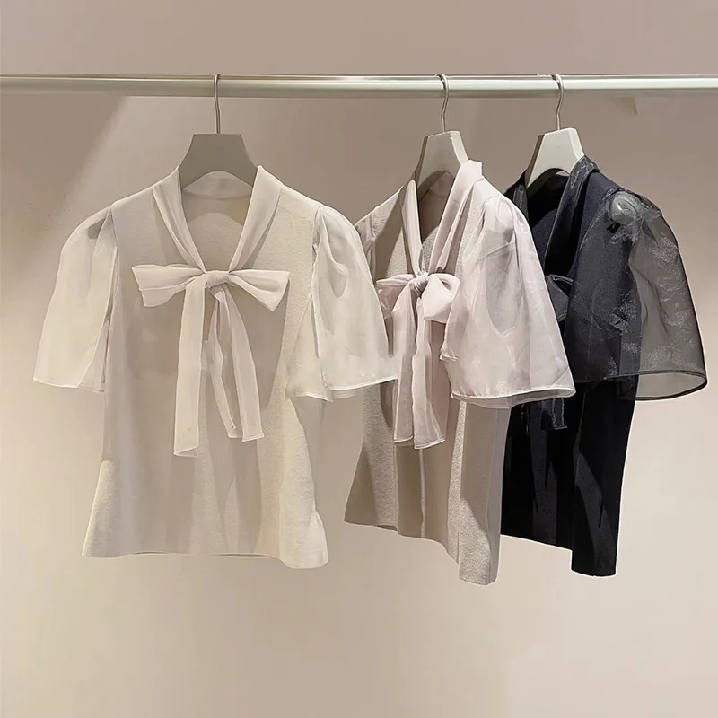 

Kuzuwata Japan Sweet Voile Split Sleeve Jumpers 2023 Spring Summer Bow Tie Knit Sweaters V Neck Solid Color Patchwork Pullover