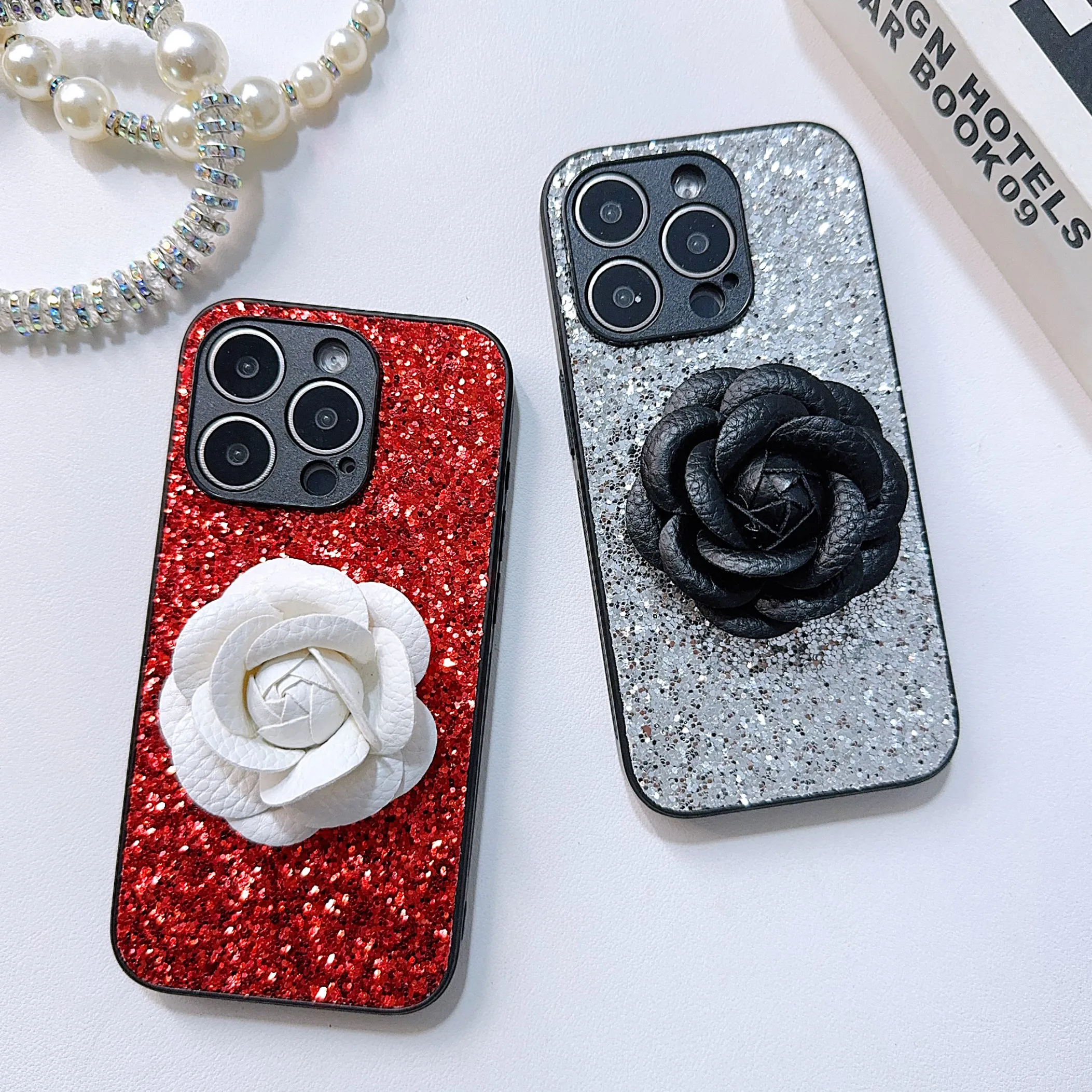 Fashion glistening 3D camellia PU leather GIRL Case for iPhone 16 15 14 Phone Cover 13 12 11 Pro MAX Hard Shockproof Back Funda