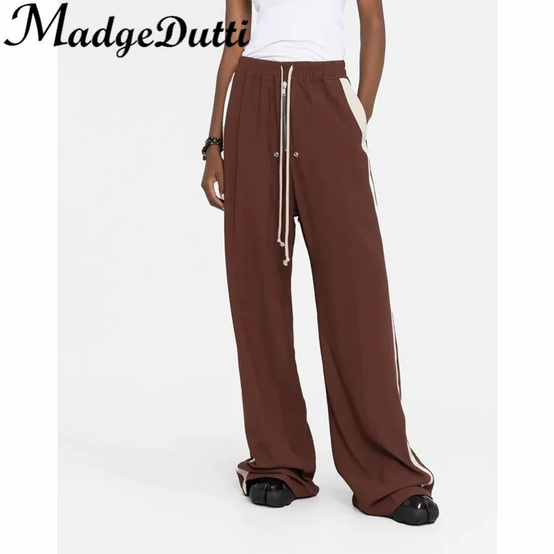 11.26 MadgeDutti Contrast Color Striped Drawstring Elastic Waist Zipper Casual Wide Leg Pants Women