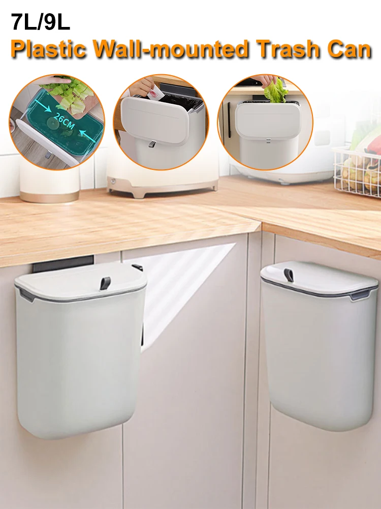 

Hanging Trash Bin Wall Mounted Trash Can Dustbin Bucket with Slide-Type Lid Garbage Bin Container for Bathroom Kitchen Accessory