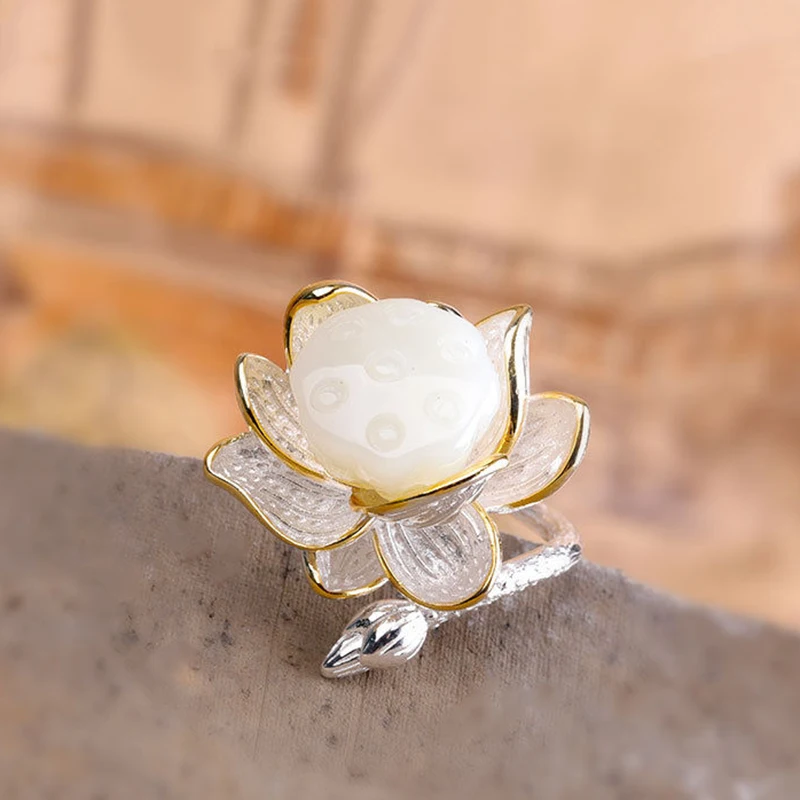 

Original design silver inlaid natural Hetian white jade lotus handmade women's atmosphere retro temperament open ring