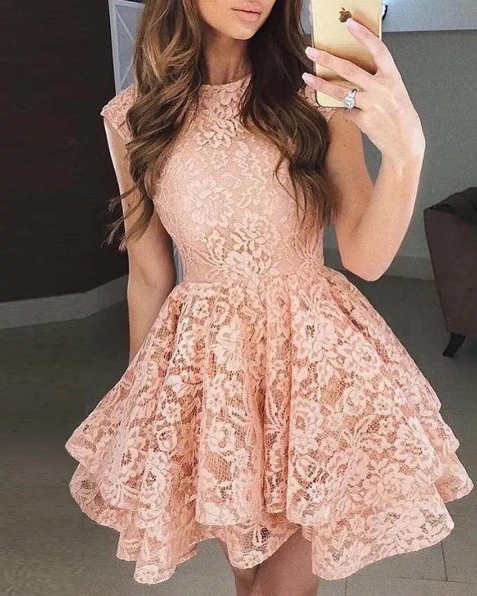 

Elegant Women's Dresses Sweet Fashion Daily Round Neck Layered Lace Cap Sleeve Plain Mini Wedding Guest Dress 2022 Summer