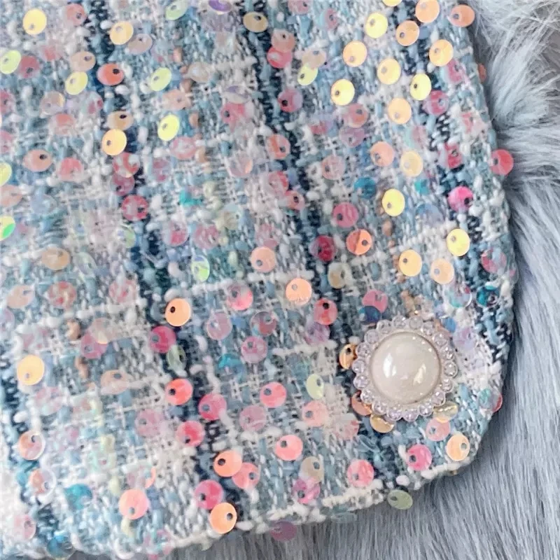 Autumn Winter Jacket Women 2022 Small Fragrance Spliced Sequins Beading Belt Thicken Mid Long Faux Fur Coat Famale Clothing Tops