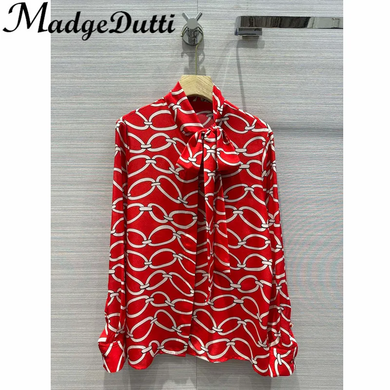 

2.11 MadgeDutti Luxury 100% Silk Buckle Dot Print Ribbon Bow Design Hidden Breasted Holiday Shirt Women