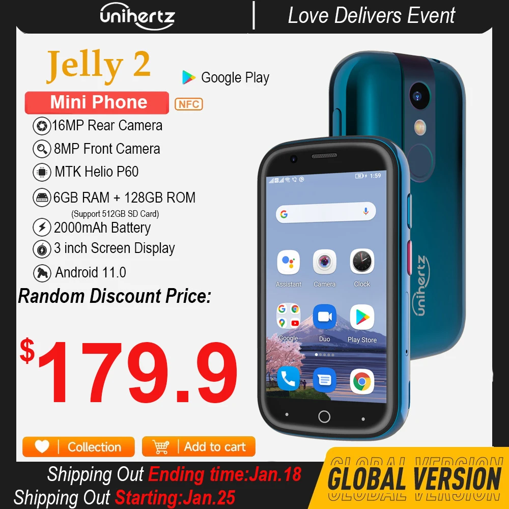 Карманный мини-телефон Unihertz Jelly 2 на Android 11, Восьмиядерный Helio P60, 4G LTE, две SIM-карты, разблокированный смартфон 6 ГБ + 128 ГБ