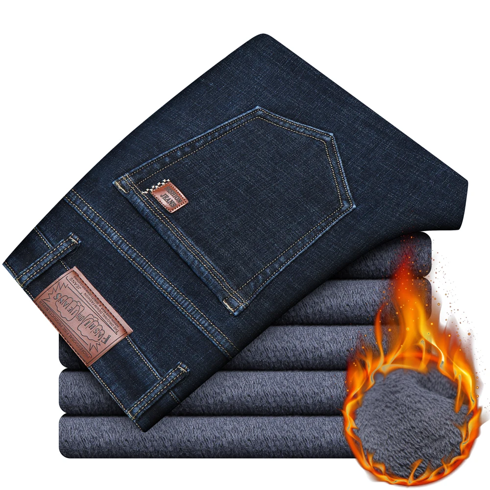 2020 Winter New Men's Warm Jeans Business Fashion Classic Style Black Blue Denim Straight Fleece Thick Pants Male Brand Trousers