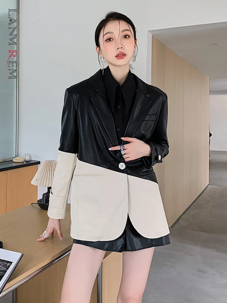 

LANMREM женские мотоциклетные кожаные блейзеры с длинным рукавом, сшитые нестандартные цвета, пальто из искусственной кожи, осенняя одежда 2R3362