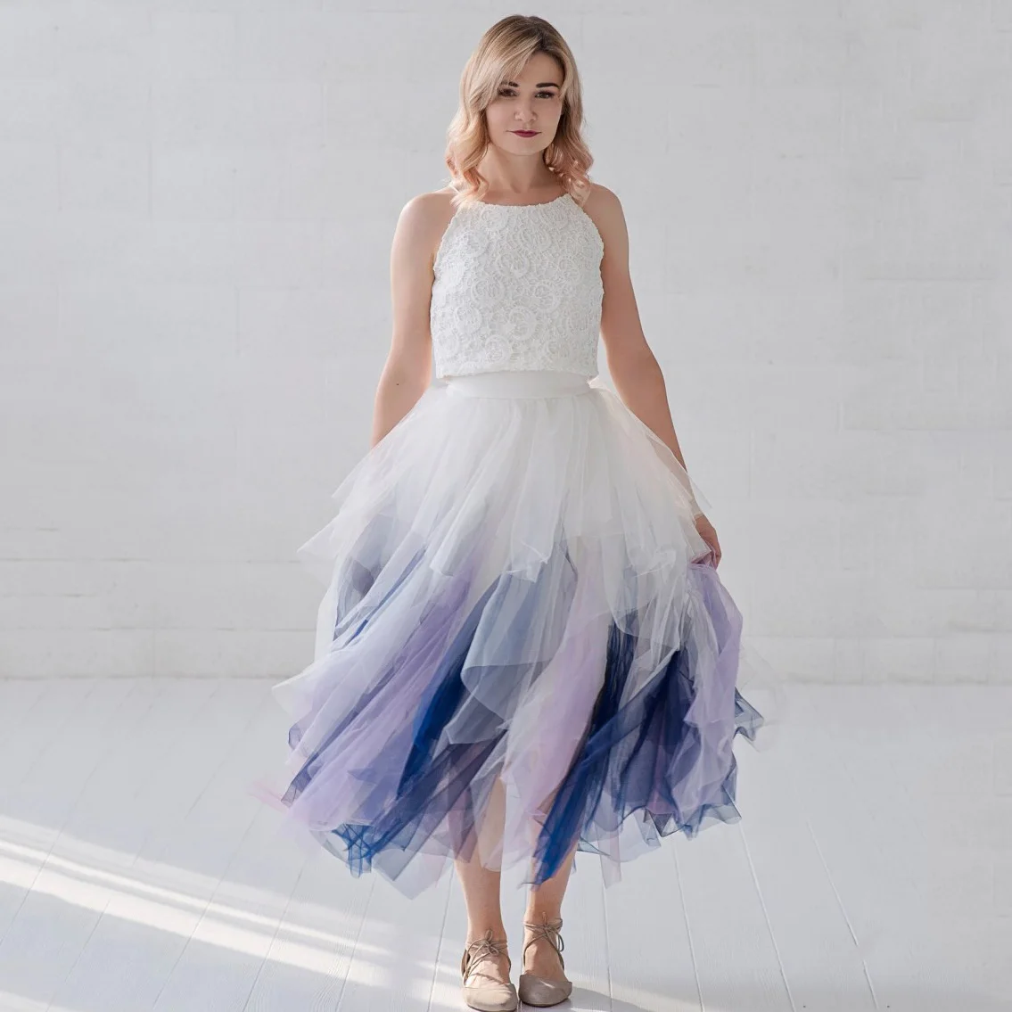 

High-waisted Skirt Woman Clothes Ruffles Tulle Ball Gown Layered Long Skirts Pleated Skirt Blue Women Clothing Summer Dresses