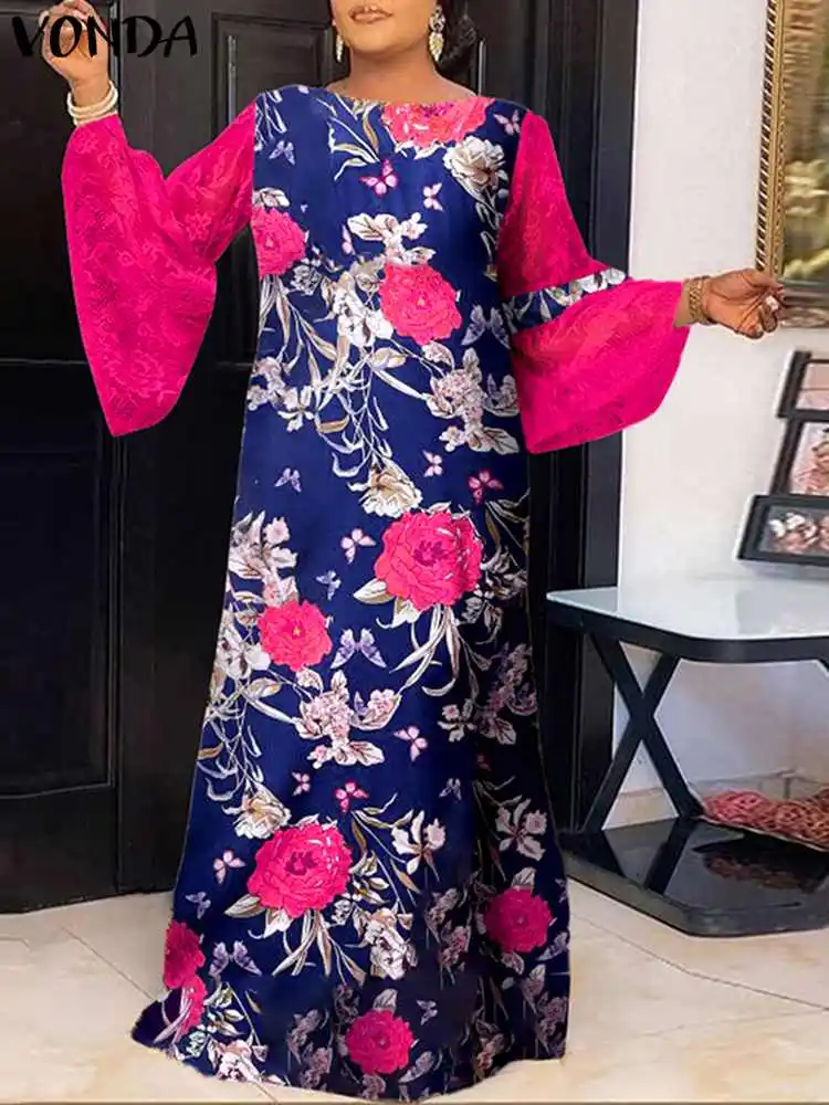 VONDA 2023 летнее женское кружевное Макси-платье с длинным рукавом и цветочным
