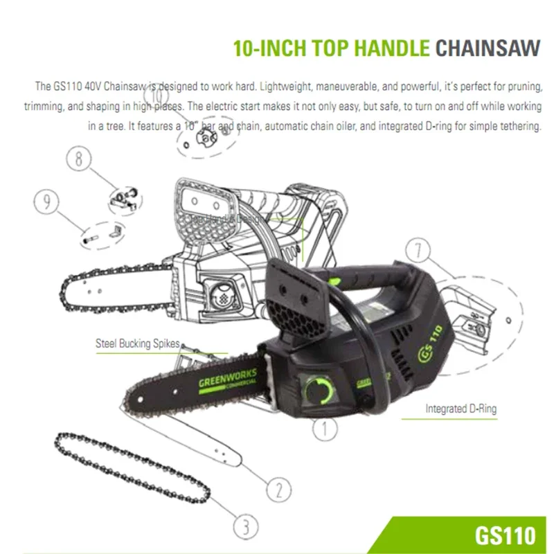 Фото Пила садовая Greenworks GS110 с верхней ручкой, 10 дюймов, 15 м/с №2