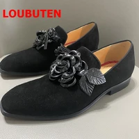 loubuten black shoes men suede loafers with flower decorative red bottoms dress shoes handmade mens casual party shoes