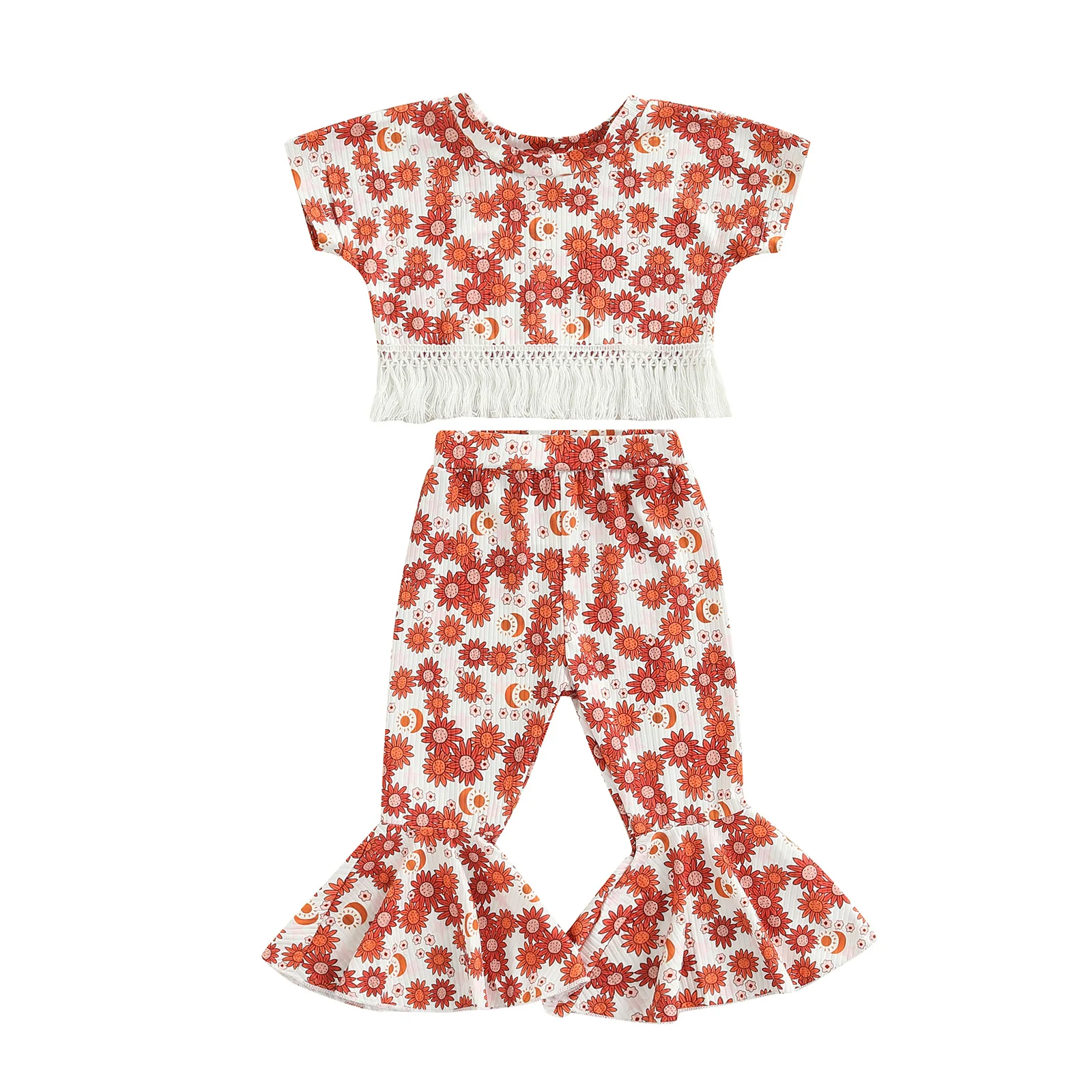 

Детская футболка с коротким рукавом и бахромой на подоле, топы, расклешенные брюки, цветочный Комплект из двух предметов, Детские комплекты