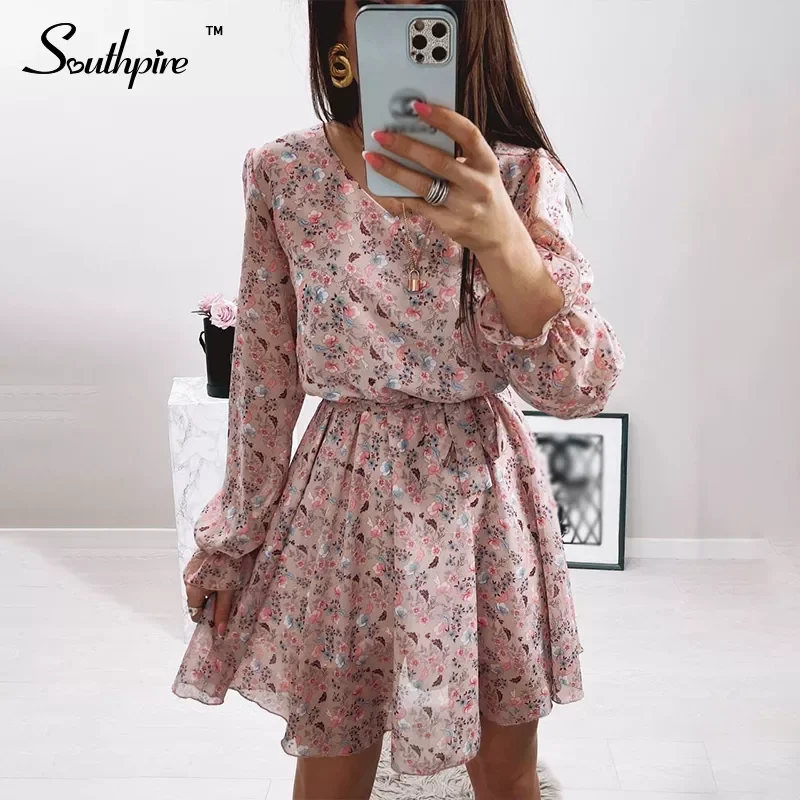 

Southpire Sexy V-Neck Pink Floral Print Mini Party Dress Women Long Sleeve Ruffle Chiffon Elegant Casual Dress Female Clothing