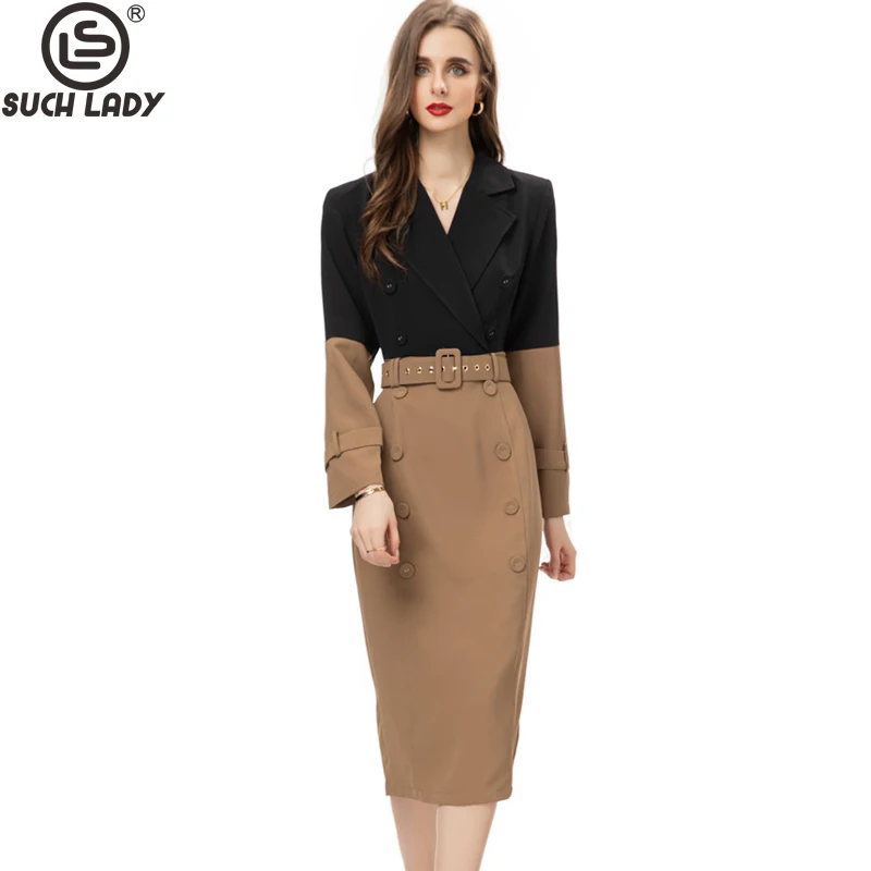 

Женские модельные платья с английским воротником, двубортные Лоскутные офисные платья средней длины с длинным рукавом и контрастными вставками