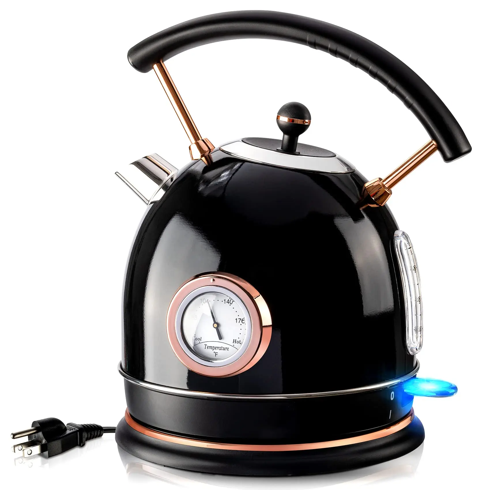 1.8L Black Retro Stainless Steel Electric Kettle , Fast Boiling, LED Light, Temperature Gauge, Auto Shut-Off&Boil-Dry Protection