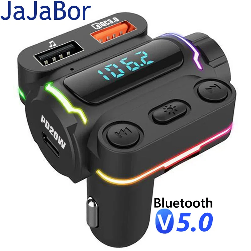 

JaJaBor FM Transmitter Audio Adapter QC3.0 Type C PD 20W Fast Charging Car Mp3 Player Bluetooth Handsfree Car Kit M Modulator