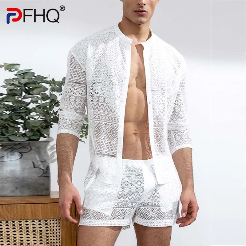 

PFHQ 2023 Summer New Hollow Out Sexy Lace Shorts Shirt Sets Men's Fashion Suit Clothes Free Shipping Trendy Elegant Beach Cheap