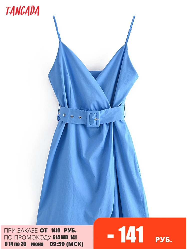 

Tangada Women's Summer Blue Belt Dress Strap Adjust Sleeveless 2022 Fashion Lady Elegant Dresses QN240