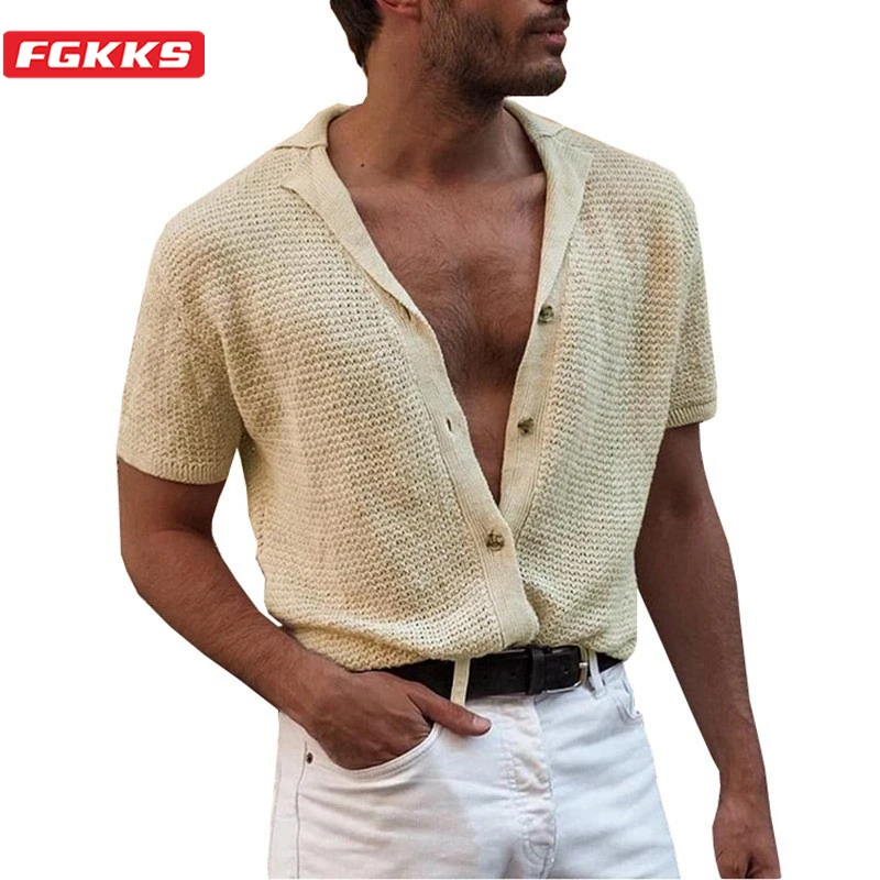 

FGKKS Men Linen Shirts Short Sleeve Breathable Men's Baggy Casual Slim Fit Solid Cotton Shirt Male Pullover Tops Blouse