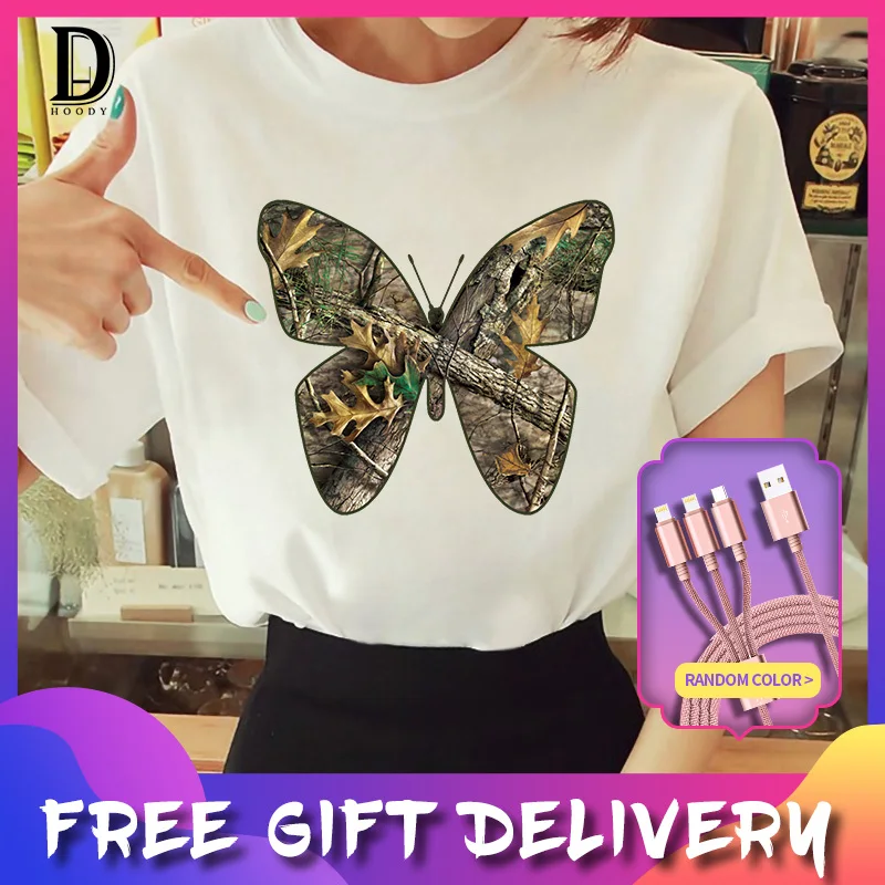 

Ladies Butterfly Love Cartoon Print T-shirt Summer O-neck Cotton Casual Trend Blouse Women's Clothing Short Sleeve Female