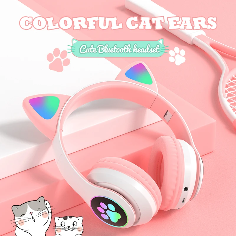 Flash Light Cute Cat Ears Bluetooth Wireless Headphone with Mic Can control LED Kid Girl Stereo Music Helmet Phone Headset Gift enlarge