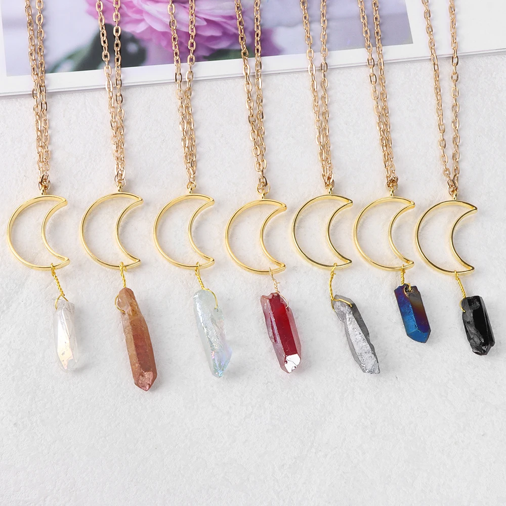 

Hollow Crescent Moon Pendant Necklaces Pendulum Natural Quartzs Stone Necklaces For Women Men Gold Color Clavicle Chain Jewelry