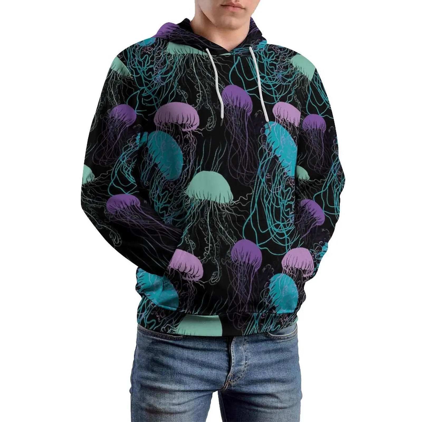 

Colorful Jellies Loose Hoodies Jellyfish Print Aesthetic Pullover Hoodie Men Long Sleeve Oversized Casual Custom Clothing