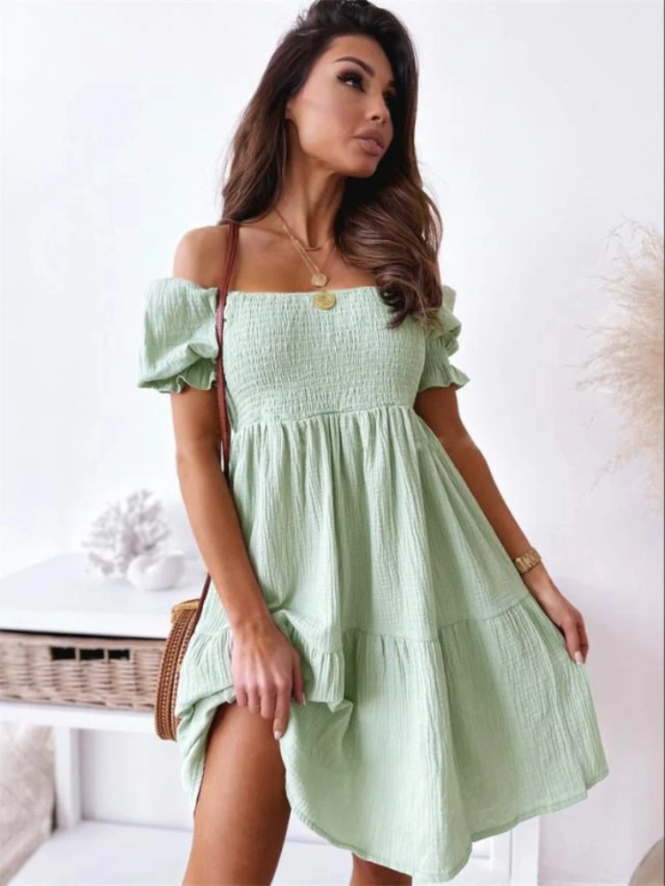 

New Summer Short-sleeved Word-neck Dress Women's Off-the-shoulder Waist Folded Solid Color Short Skirt Elegant Women's Clothing