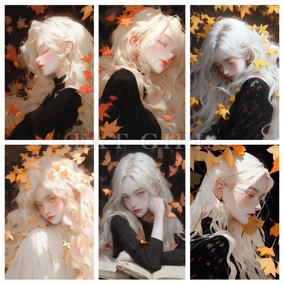 5d Diamond Paintings Fairy Cross Stitch Kits Fantasy White Haired Girl Full Square Round Drill Leaves Diamond Embroidery Decor