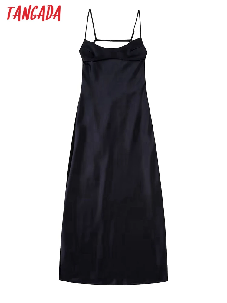 Платье-миди атласное черное с открытой спиной и металлическим крючком - купить по