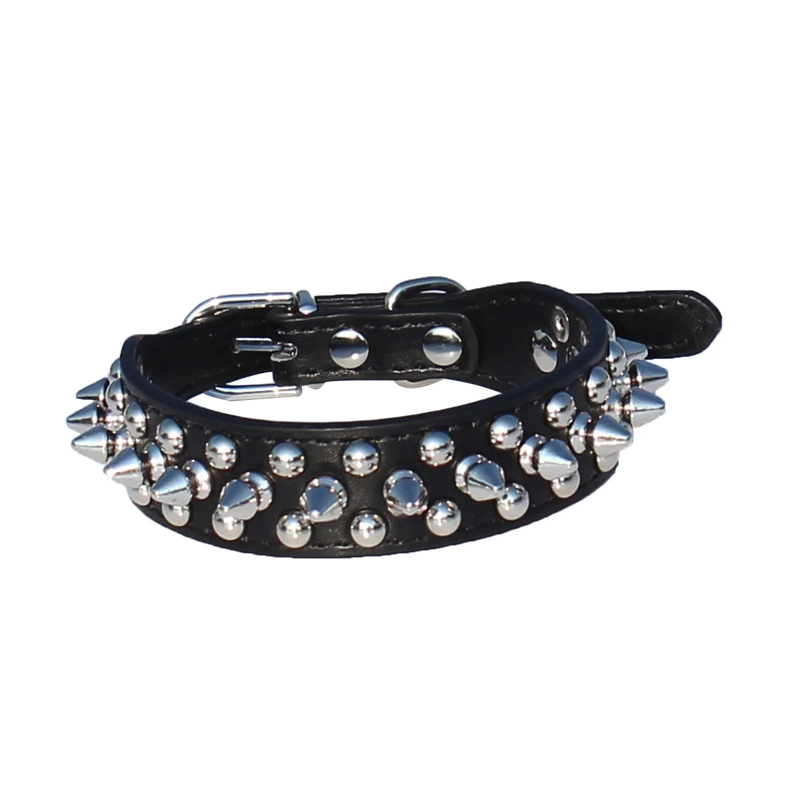 

Leather Spiked Studded Dog Collar 1" Wide for Small/X-Small Breeds and Puppies (Black, S: For Neck