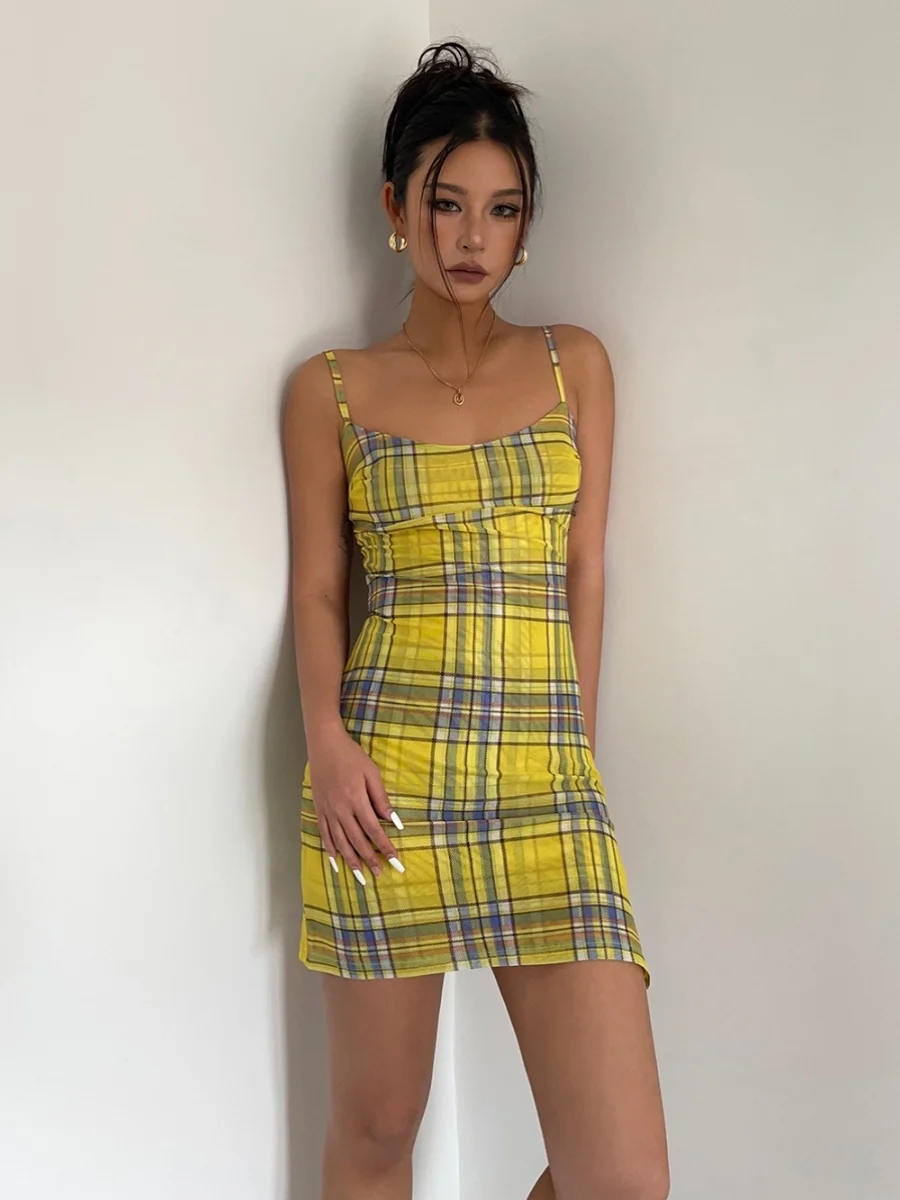 Пикантное желтое клетчатое мягкое Сетчатое ТРАПЕЦИЕВИДНОЕ ПЛАТЬЕ в