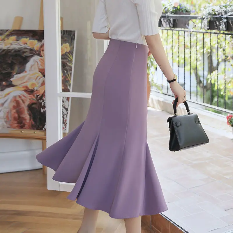 

2022 Spring Summer Slim High Waist Soft Wrap Hip Solid Knee-length Skirt Female Korean Office Lady Elegant Mermaid Skirt E32