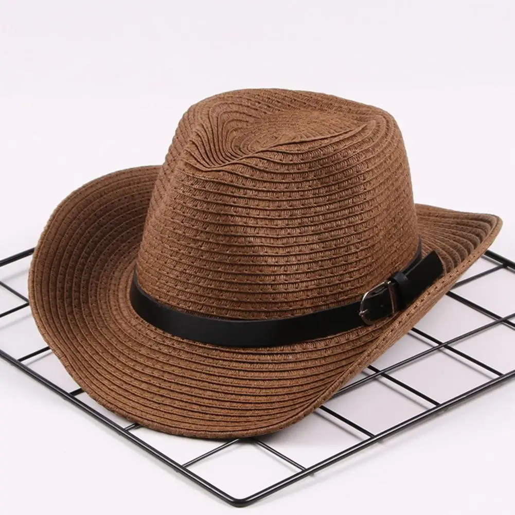 

Stylish Straw Hat Hemming Breathable Jazz Style Travel Vacation Beach Hat Sweat Absorption Band Sun Hat Costume Accessories