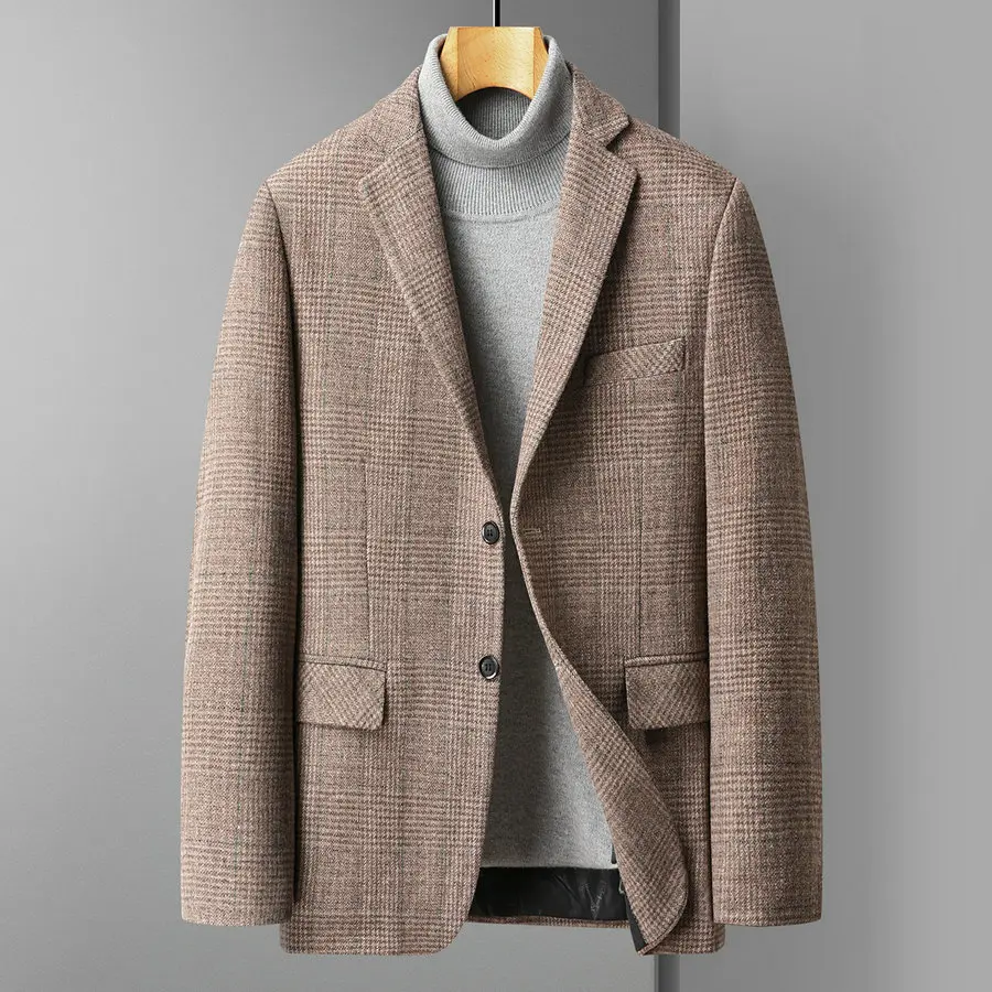 

England Style Men Elegant Sheep Wool Blazers Grey Camel Navy Blue Notched Collar Cashmere Woolen Blend Jacket Suit Male Outfits