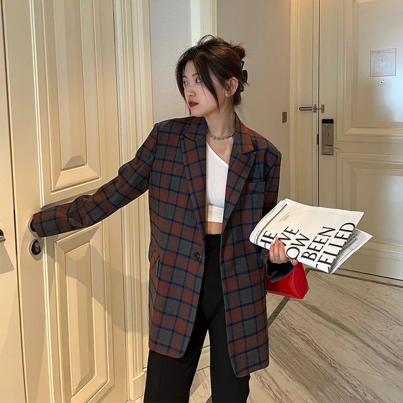 

Spring Autumn Vintage Women Casual Plaid Blazers Coat Loose Notched Long Sleeve Suit Jacket Female Streetwear Jaqueta Feminina