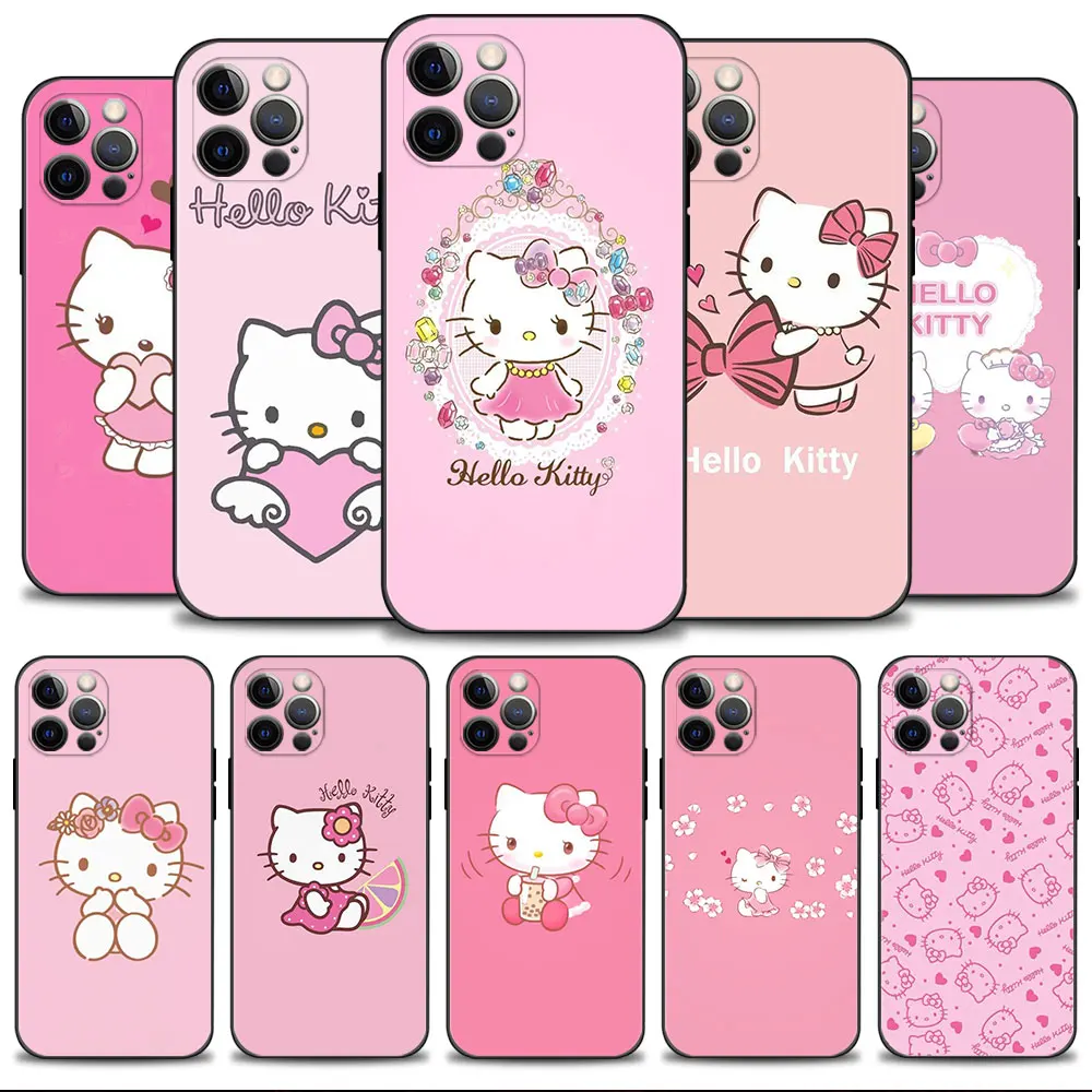

Phone Case for iPhone 14 13 11 12 Pro Max 7 8 6 6S Plus XS XR X 13mini 12mini Silicone Cover Hello Kitty Pink Color Style