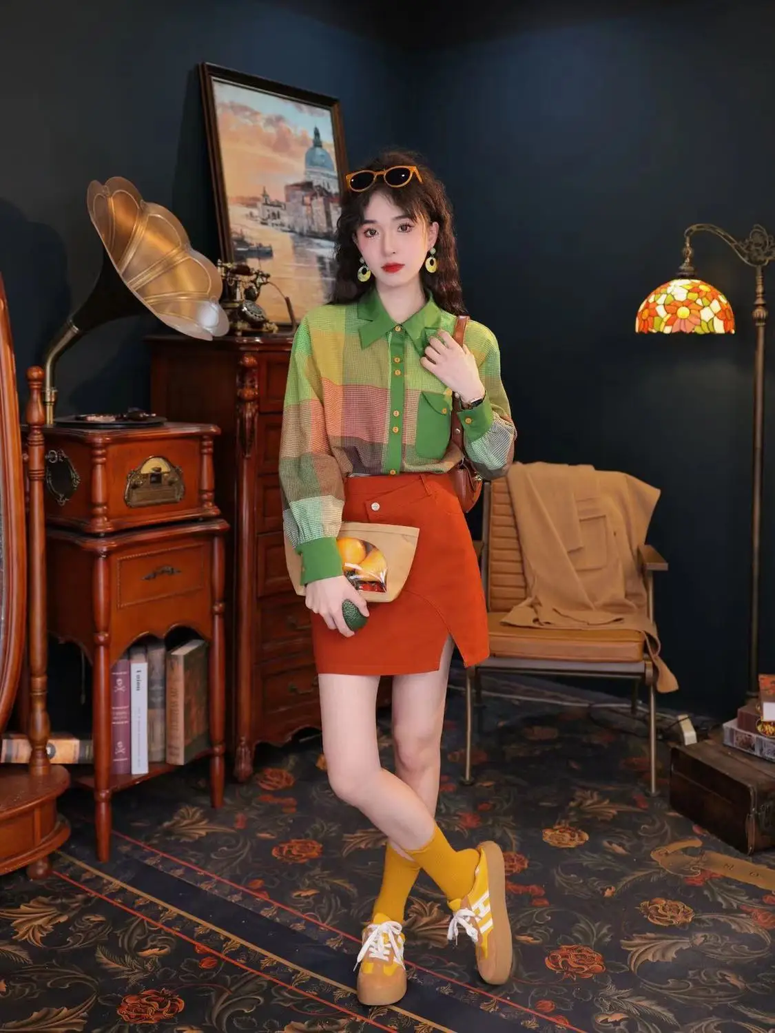 Свободная разноцветная ретро-рубашка в гонконгском стиле с длинными рукавами