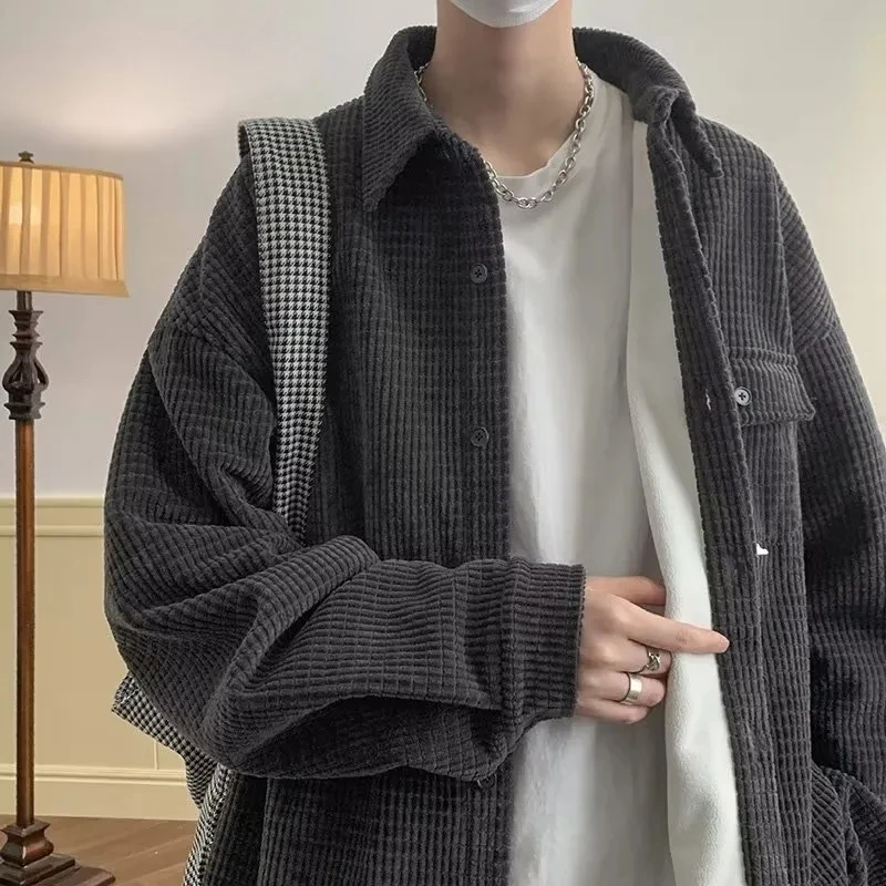 Spring Autumn Fashion Men's Solid Casual T-Shirt Loose Cool Boy Soft Versatile Tops Students Buttons Coat Pocket Corduroy Jacket