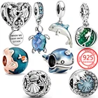 Оригинальные подвески из стерлингового серебра 925 пробы для браслета Пандоры из голубого стекла