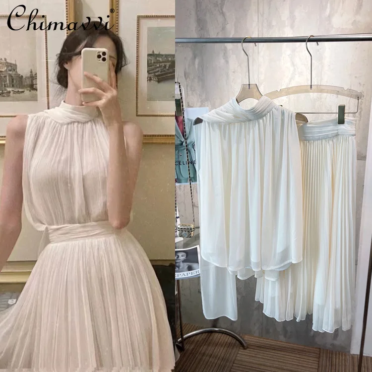 

Fashion Design Halter Sleeveless Shirt 2022 Summer New Simple Women's 2-Piece Set High Waist Slim Elegant Mid-Length Skirt